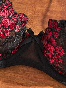 SHEIN 2件組女款網紗刺繡內衣套裝 - 黑色 - 查看 4