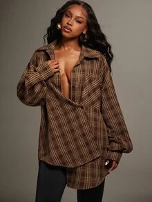 Denimoi Asymmetrical Button Front Plaid Top Fashionable Streetwear Cool Girl Style Fashion Tops Fall - Brown - View 2