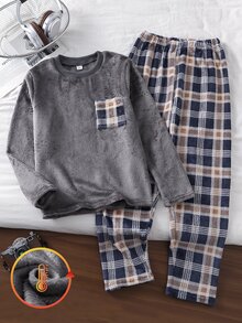 Boys' Colorblock Pocket Plaid Long Sleeve Pants Pajama Set, Autumn/Winter - Grey - View 6