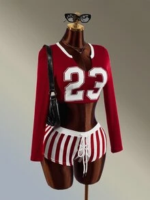 Amplova Women's Red & White Long T-Shirt & Fitted Shorts Sports Set - Red and White - View 4