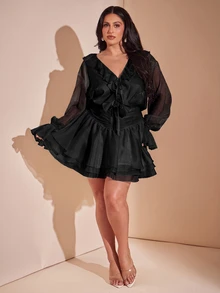 SHEIN BAE CURVE 大尺碼女款優雅浪漫 L'amoure 歐根紗洋裝，荷葉領、前綁帶設計，適合秋季早午餐派對與約會之夜，黑色 - 黑色 - 查看 2