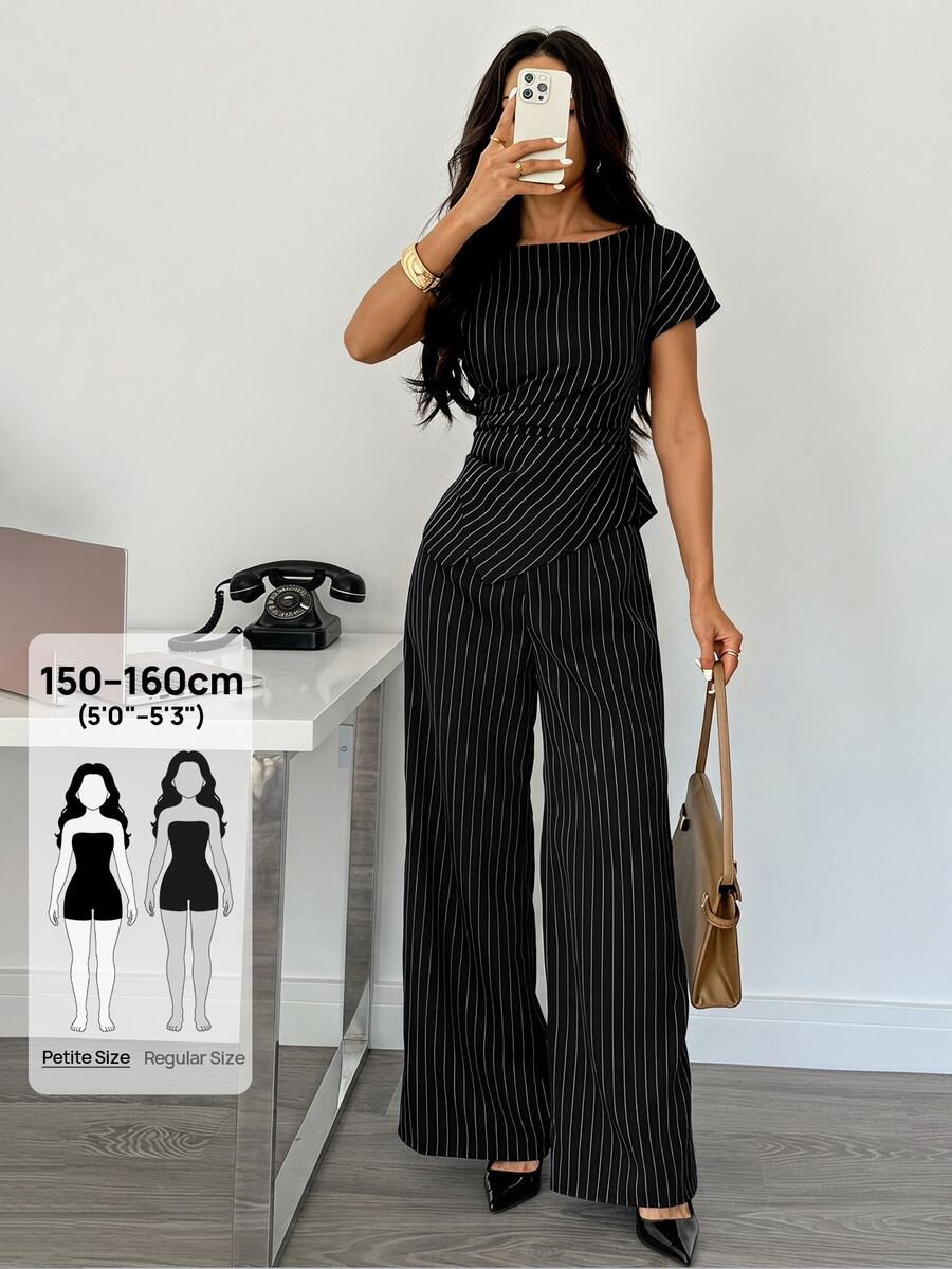 SHEIN PETITE Women's Striped Round Neck Asymmetric Hem Shirt And Wide Leg Pants Set - Black - View 1
