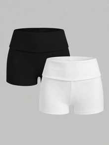 SHEIN BASICS 女款素色摺腰休閒內搭短褲 - 彩色 - 查看 4