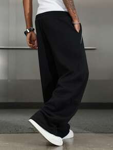 Manfinity Homme Men's Loose Casual Patchwork White Piping Plus Size Sweatpants - Black - View 2