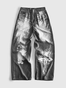 ROMWE MEN Men's Heavyweight Washed Printed Straight Leg Loose Fit Denim Jeans - Grey - View 1