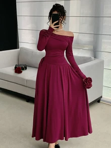 DAZY Women's Solid Color Contrast Lace Asymmetrical Shoulder Long Sleeve Side Waist Knot Elegant Mid-Length Dress Fall - Burgundy - View 7