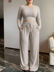 REIGN AVE Autumn Solid Color Minimalist Casual Outwear & Home Base Layer Top + Straight Leg Casual Pants 2 Pieces Set - Camel - View 3