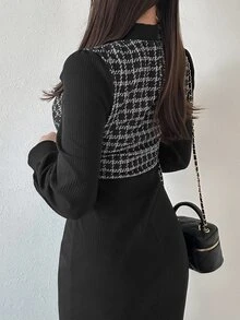 FRIFUL Women's Houndstooth Stand Collar Long Sleeve Elegant Dress - Black - View 4