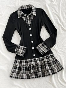 Elamini Minimalist Sexy Academy Style 2 In 1 Plaid Patchwork Fitted Long Sleeve Ruffle Dress - Black - View 7