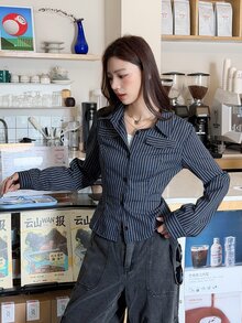 K-Vae Women's Korean Style Navy Blue Vertical Striped Waist-Cinching Versatile Long Sleeve Blouse - Multicolor - View 1