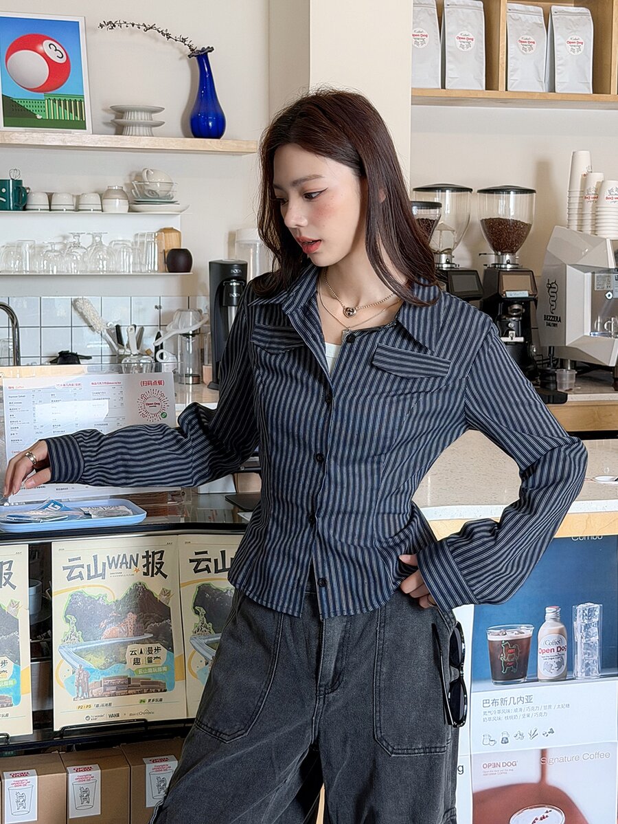 K-Vae Women's Korean Style Navy Blue Vertical Striped Waist-Cinching Versatile Long Sleeve Blouse - Multicolor - View 1