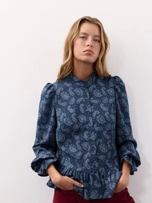 Nöista Paisley Print Blouse With Mao Collar And Ruffle Details. Fall Winter, Elegant, Weekend, Everyday. - Blue - View 7