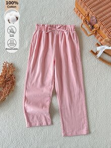 SHEIN 女童春秋花苞腰結休閒長褲，3-7歲，純色寬鬆直筒百搭小女孩長褲 - 粉色 - 查看 3