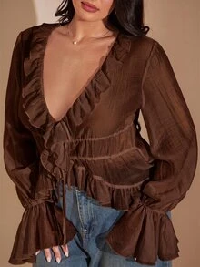 SHEIN BAE 大尺碼女款純色V領休閒百搭日常穿著襯衫 秋季 - 咖啡棕 - 查看 7