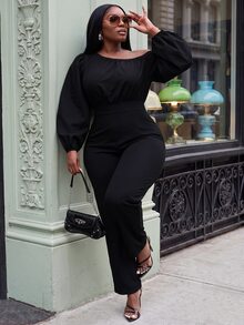 Slaydiva Plus Size Jumpsuit, Black Off Shoulder Puff Sleeve High Waist Slim Fit Romper - Black - View 4