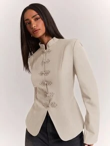 SHEIN BAE 時尚優雅通勤純色青蛙鈕扣西裝外套 - 卡其色 - 查看 6