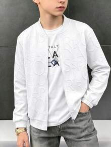 SHEIN 兒童青少年男孩休閒百搭紋理布料白色酷感棒球夾克外套，適合通勤、上學、日常休閒外出及運動，適合秋冬穿著 - 白色 - 查看 7