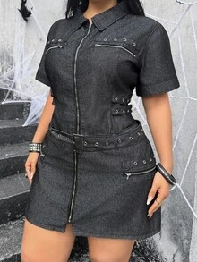 Jeanoix Plus Size Summer Casual Front Zipper Belted Denim Dress - Black - View 5