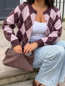 Livesso Contrast Color Patchwork Plaid Design Casual Loose Fit Sweater Cardigan - Purple - View 4