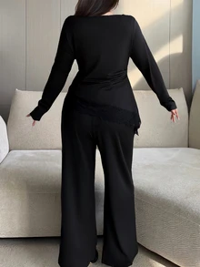 Vibekara Women's Solid Black Draped Cowl Neck Lace Patchwork Asymmetrical Hem Long Sleeve Top Paired With Solid Black Casual Style Pants, Daily Commute Two Pieces Set, Vacation Travel Wear, Holiday Elegant Style Two Pieces Set, Y2K Two Pieces Set - Black - View 2