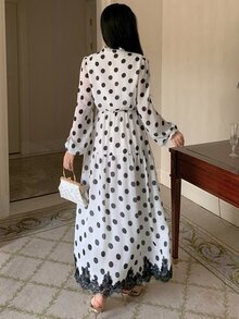 DAZY 女款優雅通勤波點印花蕾絲拼接洋裝 秋季 - 白色 - 查看 2
