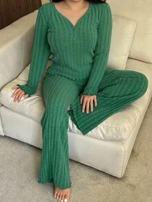 Dazy Plus Casual Slouchy Bright Green Fitted Top & Pants 2-Piece Set, Spring/Autumn New Pajama Set - Green - View 3