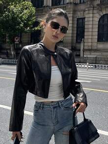 DAZY 女款純色修身短版立領長袖拉鍊休閒街頭度假風春秋PU皮革夾克外套 - 黑色 - 查看 3