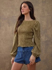 WESTFADE Smocked Boatneck Long Puff Sleeve Ruffle Hem Fitted Embroidered Plaid Blouse Top, Fall Winter 2026 Western Style Cowgirl Clothing, Female Country Look - Green - View 4