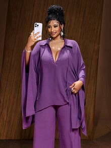 Maweii Plus Size Women Solid Color Top And Pants Casual Daily 2 Pieces Set - Purple - View 2