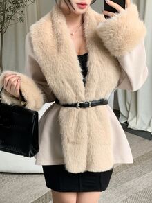 DAZY Colorblock Patchwork Plush V-Neck Loose Long Sleeve Lapel Tie Waist Belt Slim Fit Cinched Waist Elegant Commute Overcoat Jacket Winter - Apricot - View 4