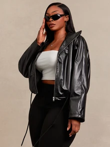 SHEIN SXY Plus Size Women's Black PU Loose Cropped Puffy Jacket - Black - View 5