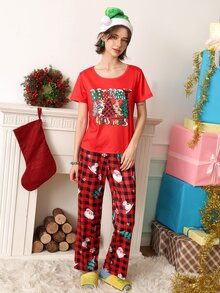 Chillnights Sweet & Cute Christmas Print Colorblock Crew Neck Pullover Women's Pajama Set - Multicolor - View 4