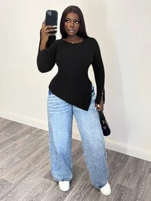 Selianne Women's Solid Color Round Neck Long Sleeve Asymmetric Hem Sweater - Black - View 5