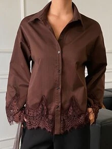 DAZY Blus Wanita Lengan Panjang Longgar dengan Hiasan Renda Kontras, Kasual untuk Liburan Musim Semi dan Gugur - Coklat - View 1