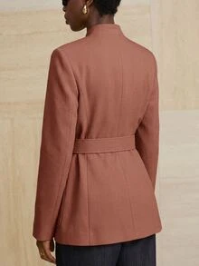 Aveloria Modichic 小立領粗花呢單排扣金屬鈕扣裝飾束腰工裝風夾克 - 棕色 - 查看 2