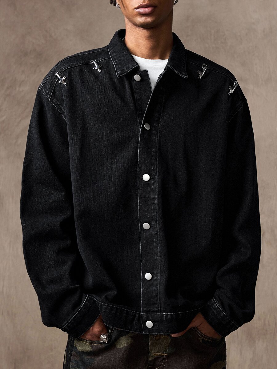 ROMWE MEN Street Life Personalized Fashionable Retro Metal Airplane Buckle Casual Versatile Men's Denim Jacket - Black - View 1