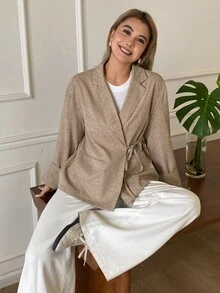Livesso Jaket Blazer Lengan Panjang Wanita Warna Polos Kasual untuk Perjalanan Sehari-hari - Khaki - View 4
