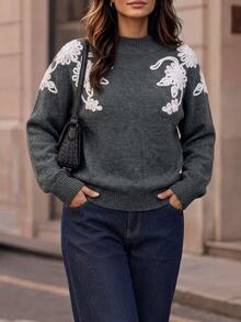 Velvienne Women's Autumn/Winter New Plus Size Crew Neck Embroidered Unique Design French Lazy Style Casual Versatile Date Commute Fitted Long Sleeve Knit Pullover Sweater - Grey - View 1