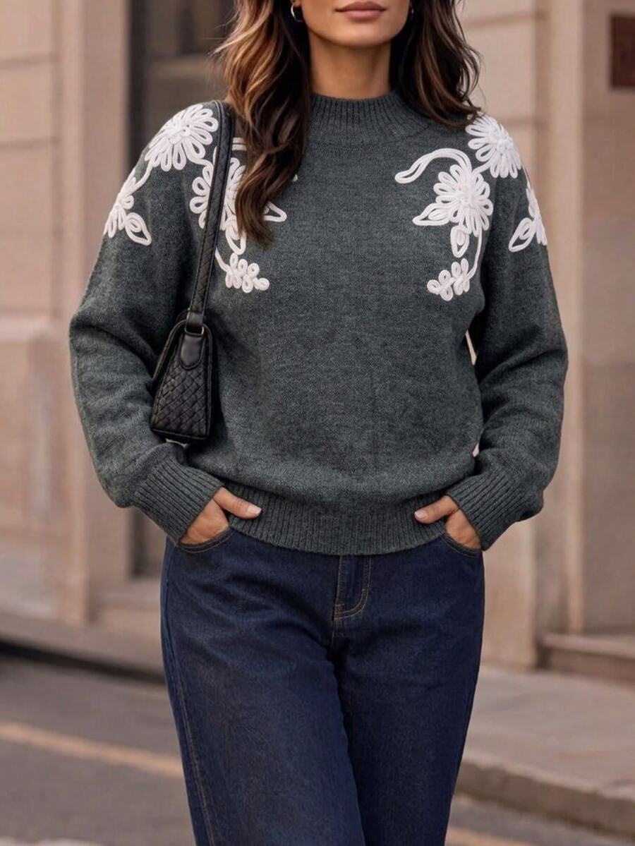 Velvienne Women's Autumn/Winter New Plus Size Crew Neck Embroidered Unique Design French Lazy Style Casual Versatile Date Commute Fitted Long Sleeve Knit Pullover Sweater - Grey - View 1