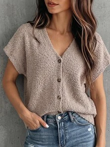 SHEIN Cardigan Rajut Wanita Warna Polos Model V-Neck Batwing Lengan Pendek Kancing Tunggal - Khaki - View 1