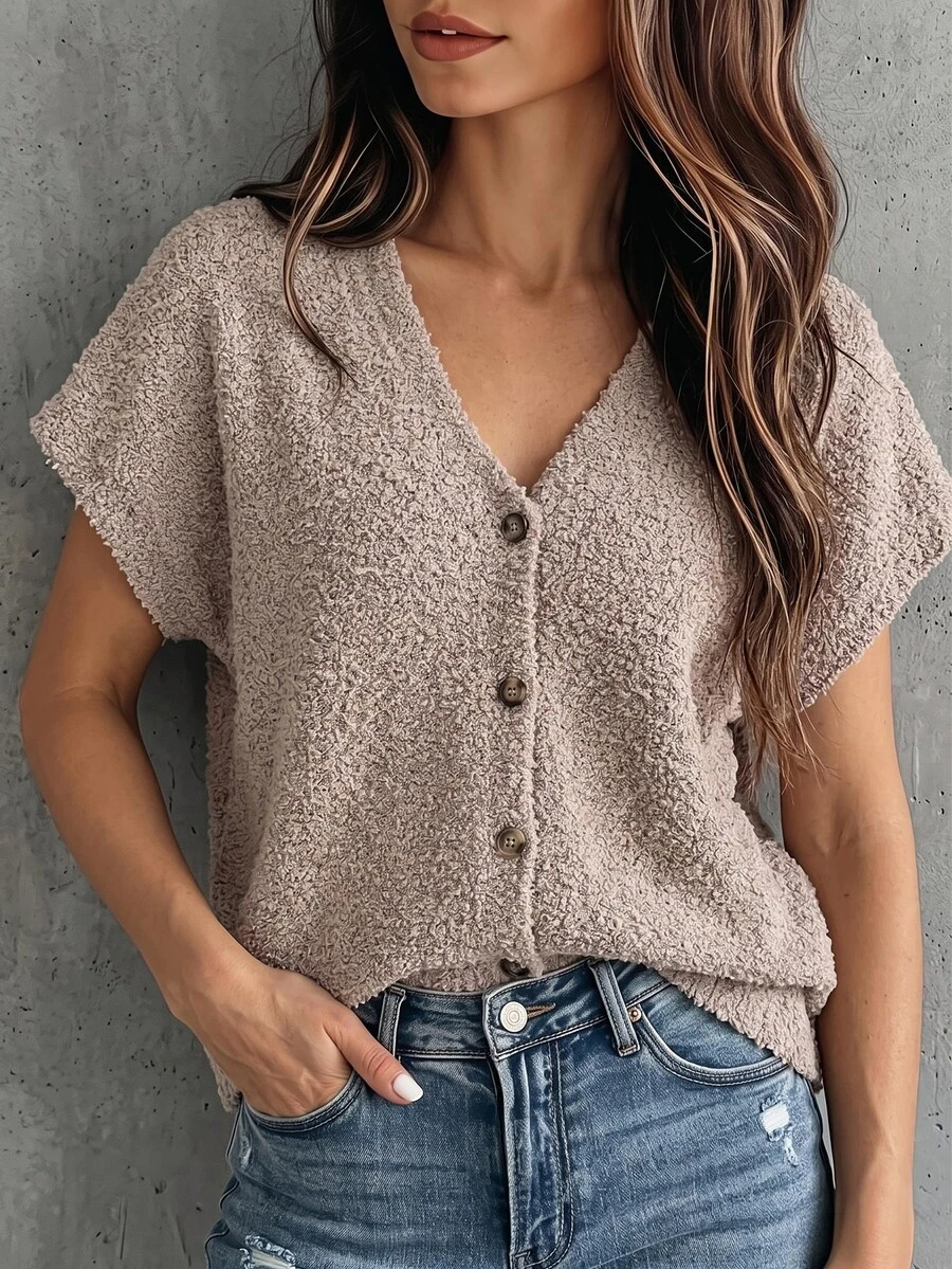 SHEIN Cardigan Rajut Wanita Warna Polos Model V-Neck Batwing Lengan Pendek Kancing Tunggal - Khaki - View 1