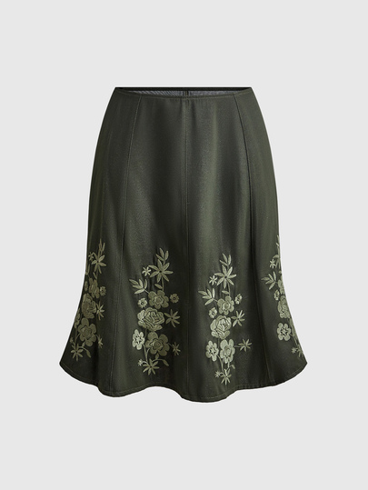 Hippie Falda vaquera de mujer con lavado vintage, bordada con cuentas y diseño de falda paraguas con abertura