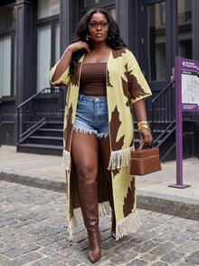 Slaydiva Plus Size Yellow Cable Knit Tassel Short Sleeve Drop Shoulder Cardigan, Casual Chic Sweater For Fall Autumn Winter Date Vacation - Yellow - View 6