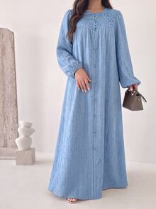 Al Najma Spring/Autumn Round Neck Front Button Embroidered Patchwork Textured Blue Dress  Blue Dress Saudi National Day Fall/Winter Vacation  Traditional - Blue - View 2