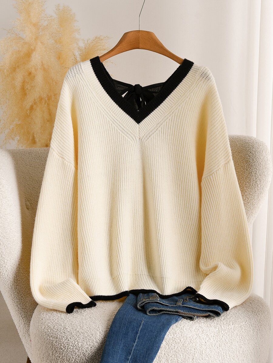 CosyJoli Plus Size Elegant French Casual Commute Minimalist Back Bowknot Knit Versatile Sweater Top For Women Winter - Apricot - View 1