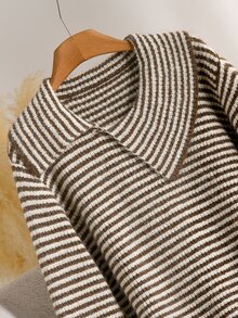 CosyJoli Women's Ribbed Asymmetrical Oversized Collar Knit Sweater, Ribbed Long Sleeve Top, Autumn/Winter - Brown - View 5
