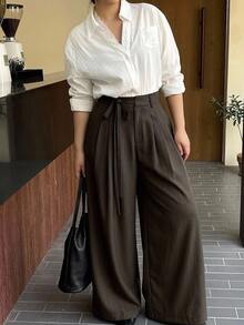 Dazy Plus Solid Color Casual Tie-Waist Wide Leg Skort Long Trousers Autumn New Arrival - Brown - View 4