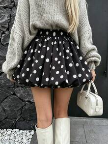 Pariaura Autumn,  Fall Winter Casual, Black Polka Dot Tulip Skirt, Elegant Outfit, Commute Outfit, Holiday Outfit, Holiday Outfit, Women's Skirt - Black - View 2