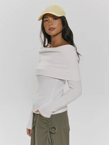 MUSERA White Knit Lightweigt Foldover Bardot Long Sleeve Top Autumn Winter Fall Daily Everyday Essential Core Knitwear - White - View 4