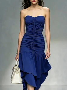 INAWLY Women's Solid Color Pleated Asymmetrical Hem Fashion Strapless Dress - Navy Blue - View 3